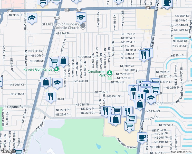 map of restaurants, bars, coffee shops, grocery stores, and more near 2721 Northeast 11th Terrace in Pompano Beach
