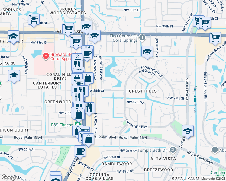 map of restaurants, bars, coffee shops, grocery stores, and more near 2730 Forest Hills Boulevard in Coral Springs