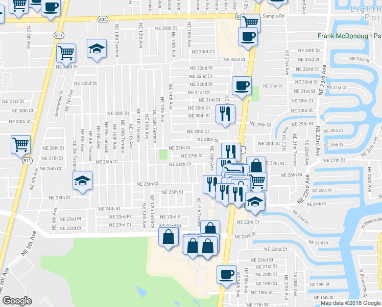 map of restaurants, bars, coffee shops, grocery stores, and more near 1481 Northeast 27th Street in Pompano Beach