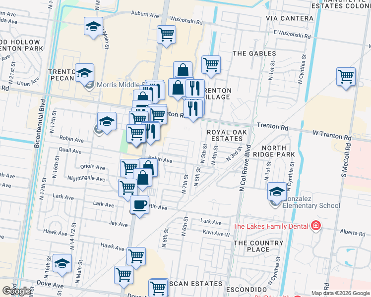 map of restaurants, bars, coffee shops, grocery stores, and more near 7108 North 7th Street in McAllen
