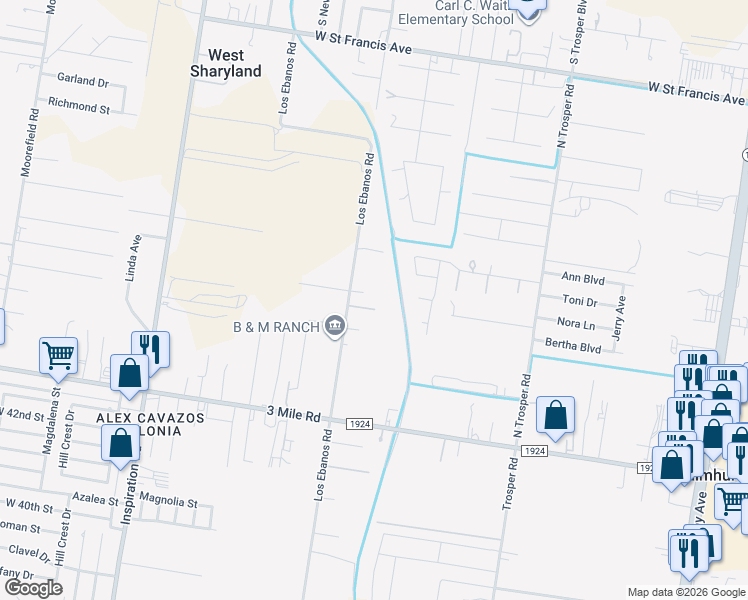 map of restaurants, bars, coffee shops, grocery stores, and more near 4600 Los Ebanos Road in Mission