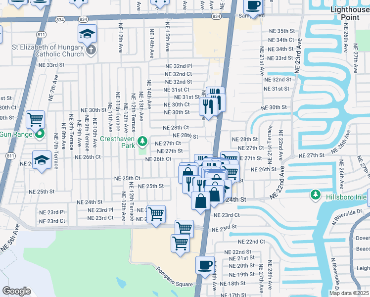 map of restaurants, bars, coffee shops, grocery stores, and more near 1585 Northeast 27th Street in Pompano Beach