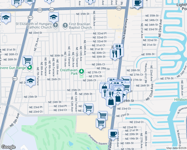 map of restaurants, bars, coffee shops, grocery stores, and more near 1465 Northeast 27th Street in Pompano Beach