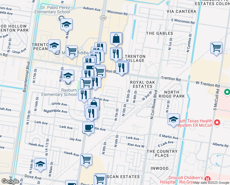 map of restaurants, bars, coffee shops, grocery stores, and more near 705 Sandpiper Avenue in McAllen