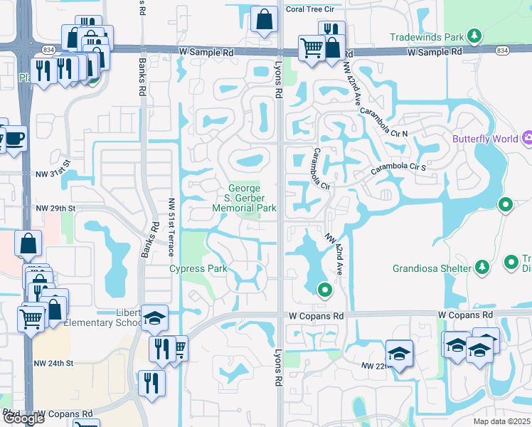 map of restaurants, bars, coffee shops, grocery stores, and more near 4601 Northwest 30th Street in Coconut Creek