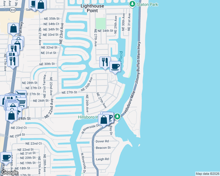 map of restaurants, bars, coffee shops, grocery stores, and more near 18 Northeast 28th Avenue in Lighthouse Point