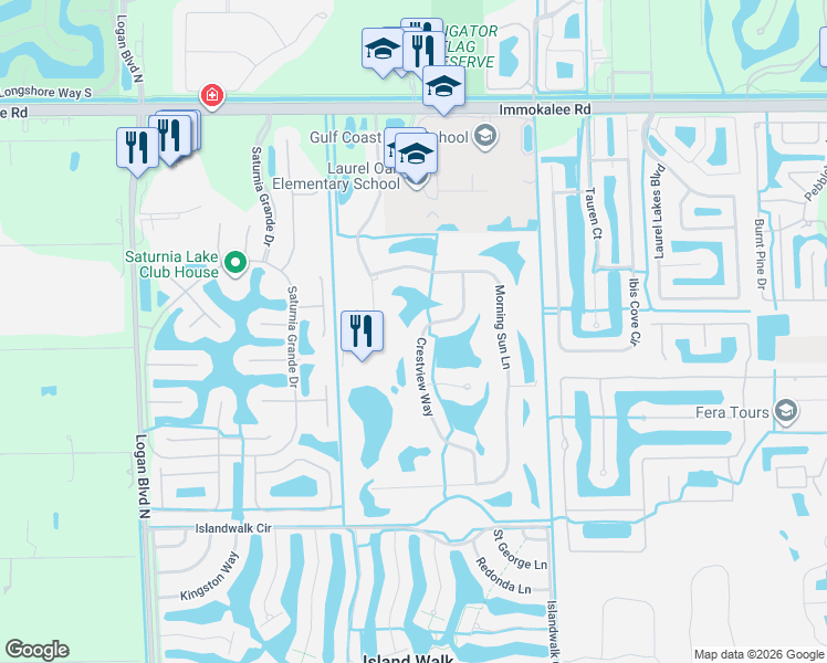 map of restaurants, bars, coffee shops, grocery stores, and more near 2021 Crestview Way in Naples