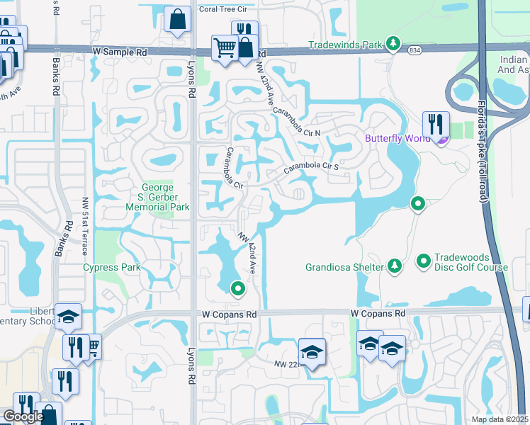 map of restaurants, bars, coffee shops, grocery stores, and more near 3000 Northwest 42nd Avenue in Coconut Creek