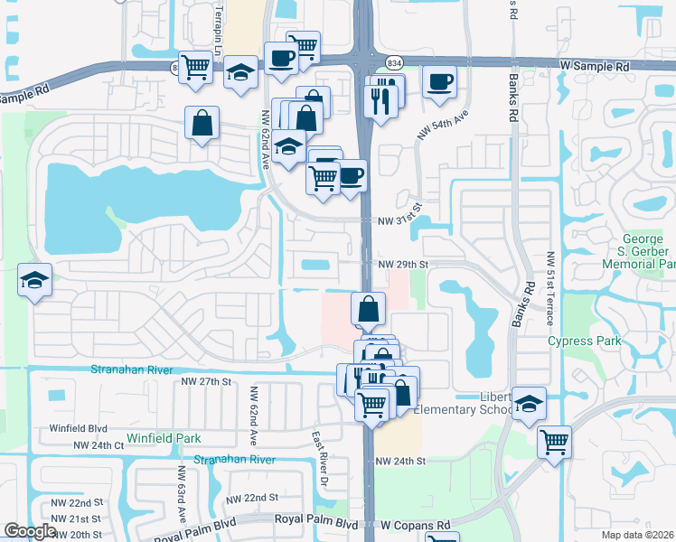 map of restaurants, bars, coffee shops, grocery stores, and more near 5761 South Sable Circle in Margate