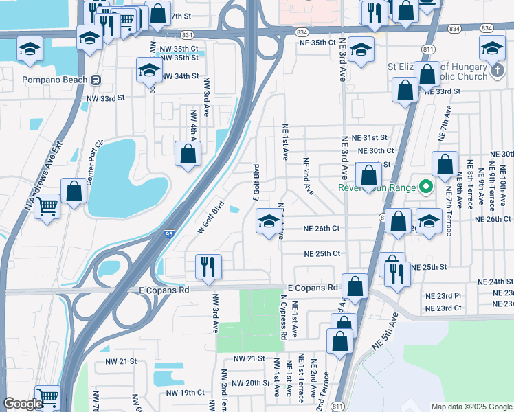 map of restaurants, bars, coffee shops, grocery stores, and more near 9 East Golf Boulevard in Pompano Beach