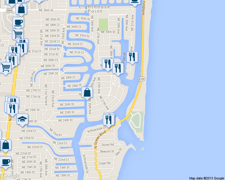 map of restaurants, bars, coffee shops, grocery stores, and more near 18 Northeast 28th Avenue in Lighthouse Point