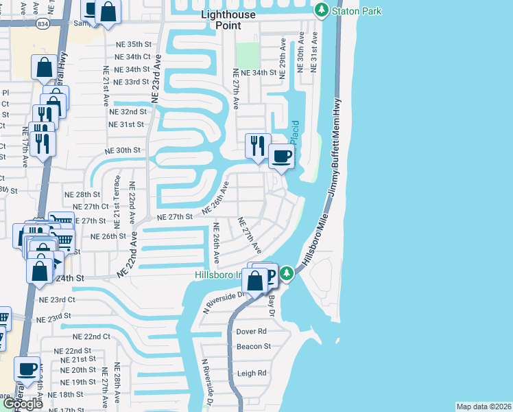 map of restaurants, bars, coffee shops, grocery stores, and more near 18 Northeast 28th Avenue in Lighthouse Point