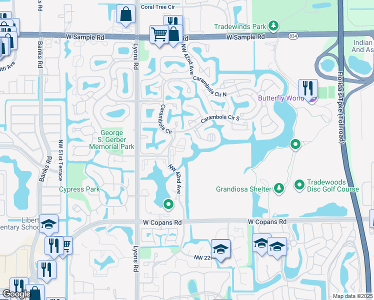 map of restaurants, bars, coffee shops, grocery stores, and more near 3000 Northwest 42nd Avenue in Coconut Creek