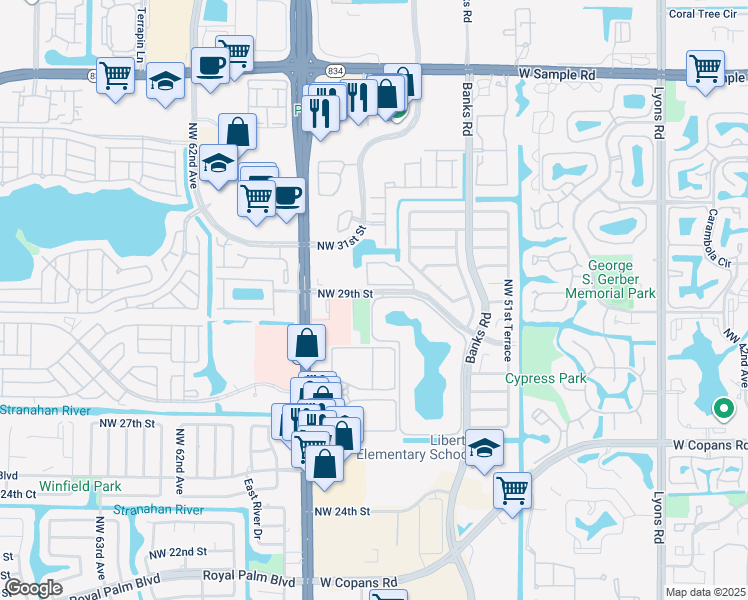 map of restaurants, bars, coffee shops, grocery stores, and more near 6733 Coral Lake Drive in Margate