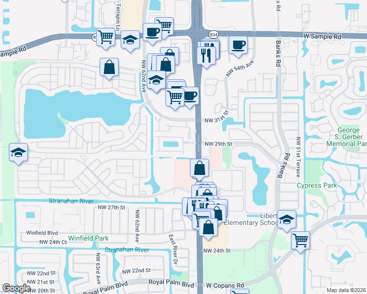 map of restaurants, bars, coffee shops, grocery stores, and more near 5761 South Sable Circle in Margate