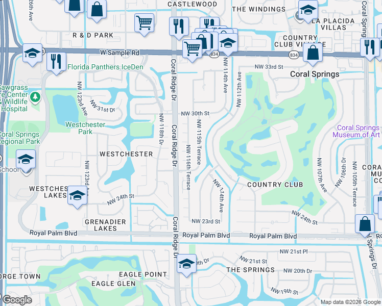 map of restaurants, bars, coffee shops, grocery stores, and more near 11611 Northwest 27th Street in Coral Springs