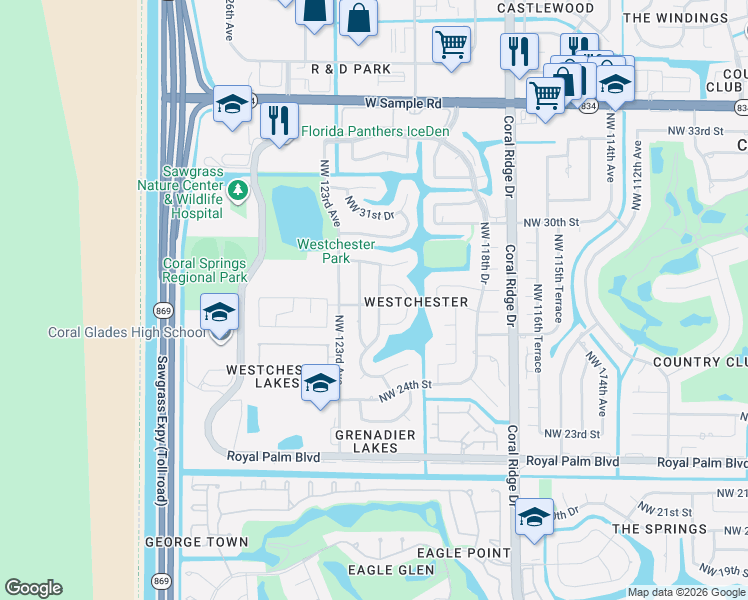 map of restaurants, bars, coffee shops, grocery stores, and more near 2740 Northwest 122nd Avenue in Coral Springs