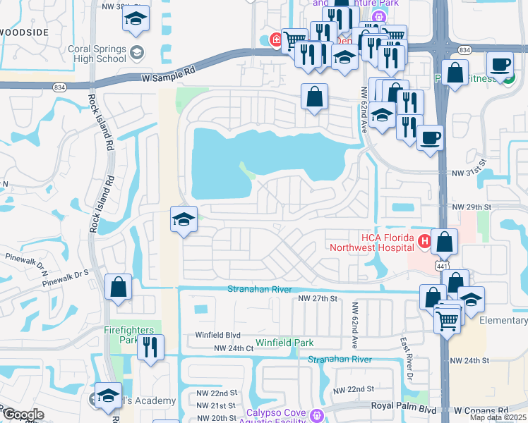 map of restaurants, bars, coffee shops, grocery stores, and more near 3045 Green Turtle Place in Margate