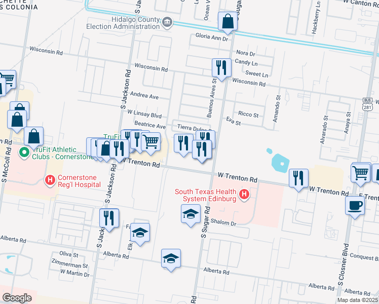 map of restaurants, bars, coffee shops, grocery stores, and more near 1703 West Trenton Road in Edinburg