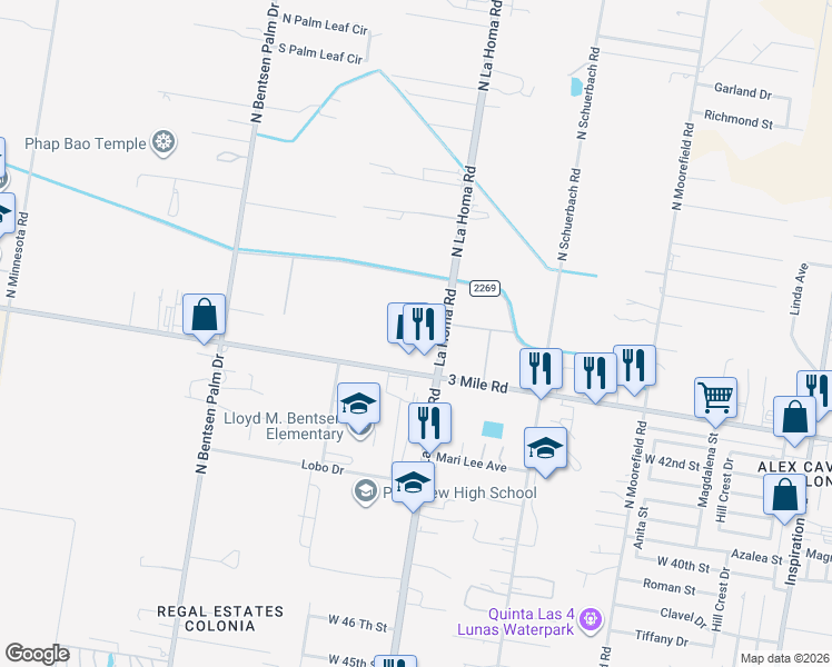 map of restaurants, bars, coffee shops, grocery stores, and more near 4307 La Homa Road in Palmview
