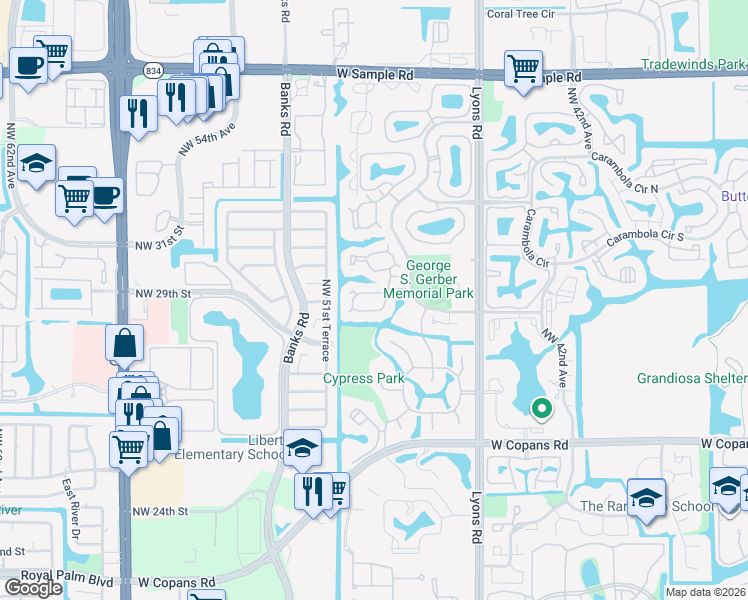 map of restaurants, bars, coffee shops, grocery stores, and more near 3161 Cocoplum Circle in Coconut Creek