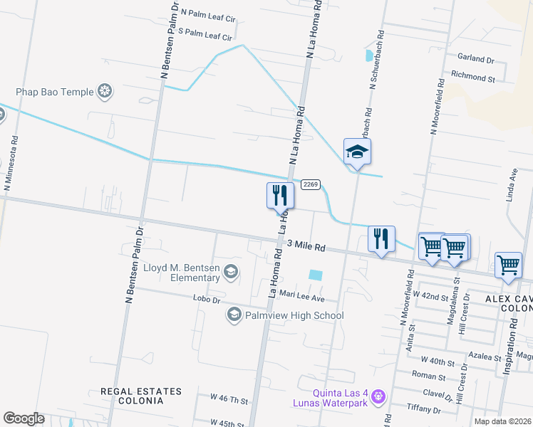 map of restaurants, bars, coffee shops, grocery stores, and more near 4307 La Homa Road in Palmview