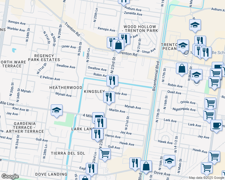 map of restaurants, bars, coffee shops, grocery stores, and more near 6700 North 23rd Street in McAllen