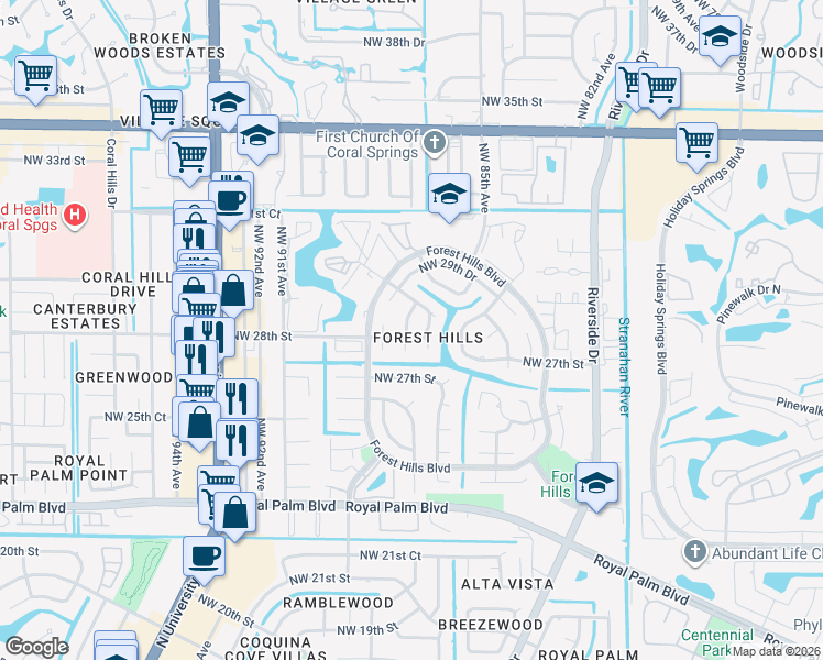 map of restaurants, bars, coffee shops, grocery stores, and more near in Coral Springs