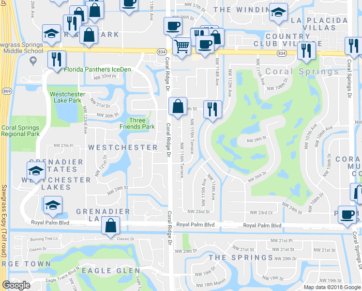 map of restaurants, bars, coffee shops, grocery stores, and more near 11611 Northwest 27th Street in Coral Springs