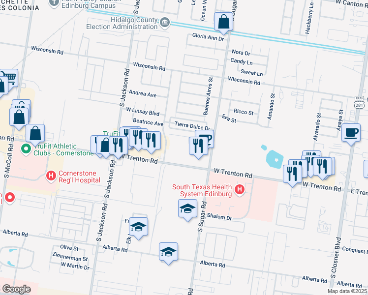 map of restaurants, bars, coffee shops, grocery stores, and more near 1703 West Trenton Road in Edinburg