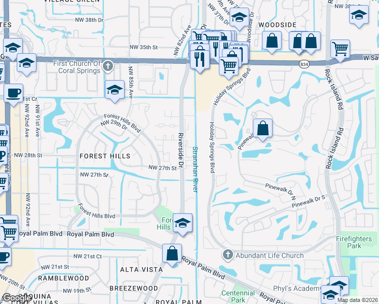map of restaurants, bars, coffee shops, grocery stores, and more near 2801 Riverside Drive in Coral Springs