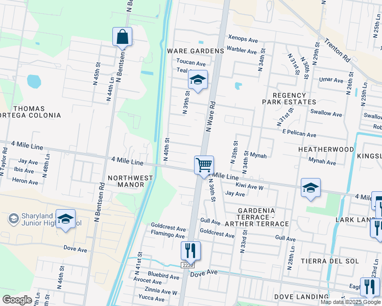 map of restaurants, bars, coffee shops, grocery stores, and more near 3800 Mynah Avenue in McAllen