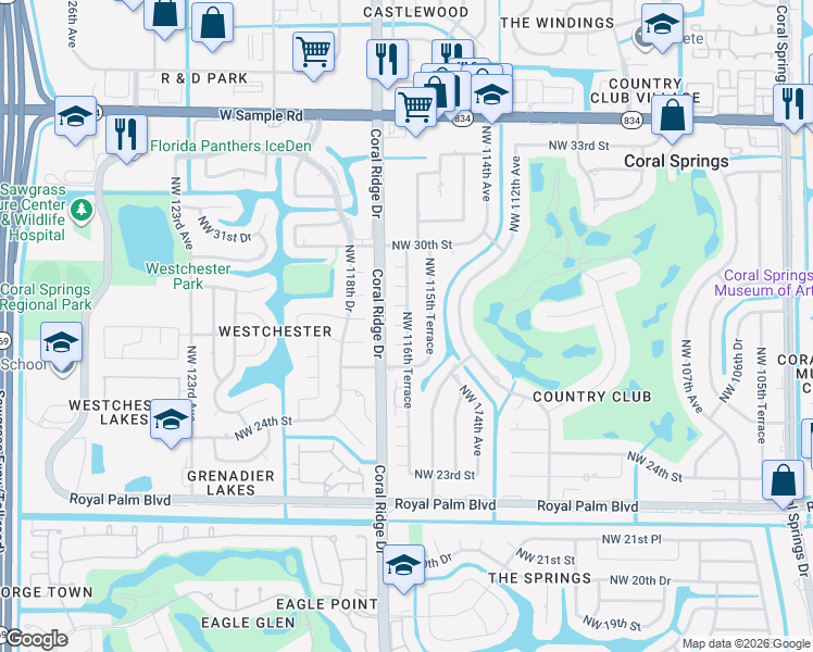 map of restaurants, bars, coffee shops, grocery stores, and more near 11611 Northwest 27th Street in Coral Springs