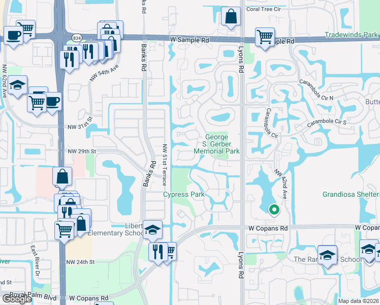 map of restaurants, bars, coffee shops, grocery stores, and more near 3161 Cocoplum Circle in Coconut Creek
