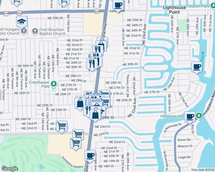 map of restaurants, bars, coffee shops, grocery stores, and more near 1920 Northeast 27th Court in Lighthouse Point