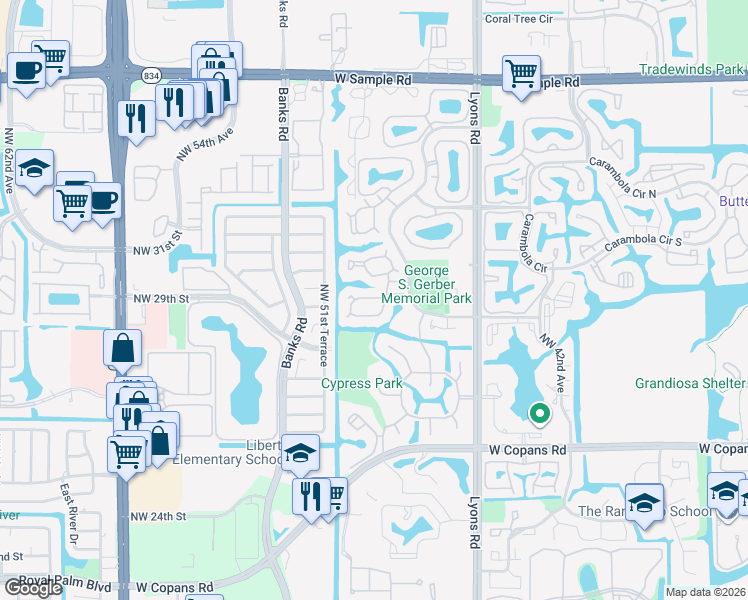 map of restaurants, bars, coffee shops, grocery stores, and more near 3161 Cocoplum Circle in Coconut Creek