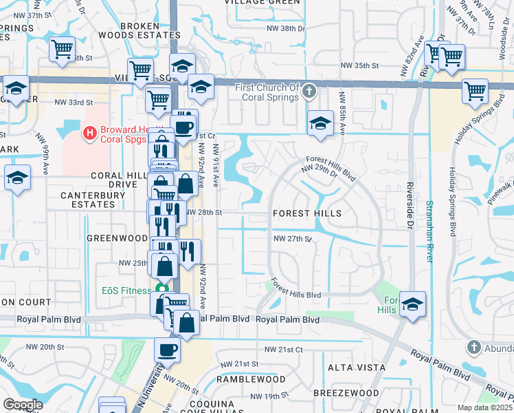 map of restaurants, bars, coffee shops, grocery stores, and more near 2730 Forest Hills Boulevard in Coral Springs