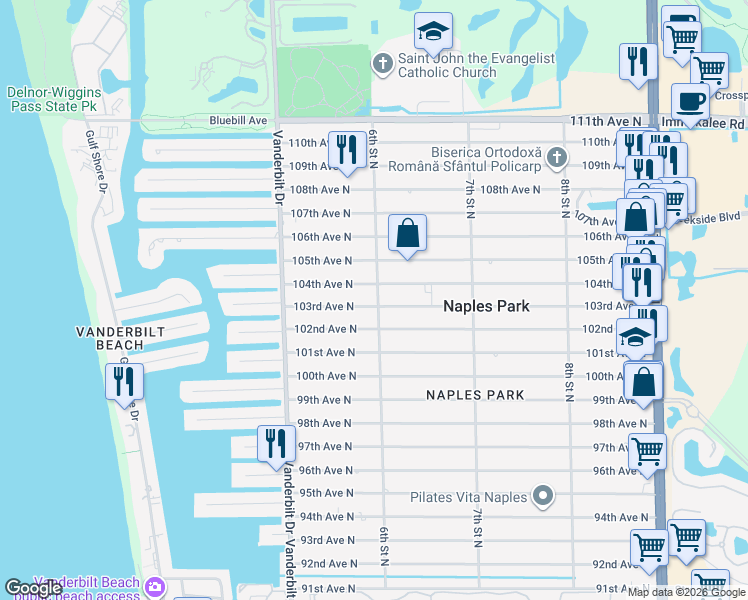 map of restaurants, bars, coffee shops, grocery stores, and more near 606 103rd Avenue North in Naples