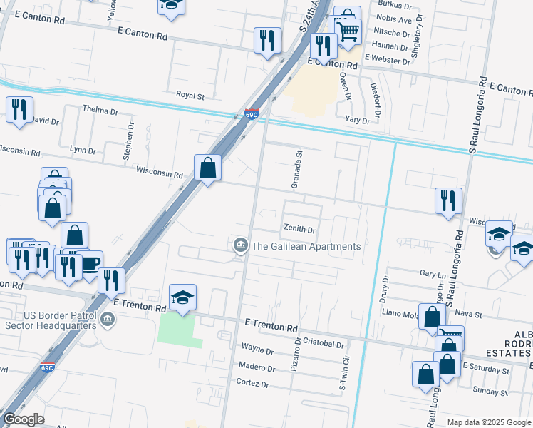 map of restaurants, bars, coffee shops, grocery stores, and more near 1408 Maximum Drive in Edinburg