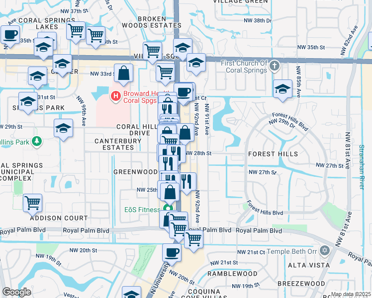 map of restaurants, bars, coffee shops, grocery stores, and more near in Coral Springs