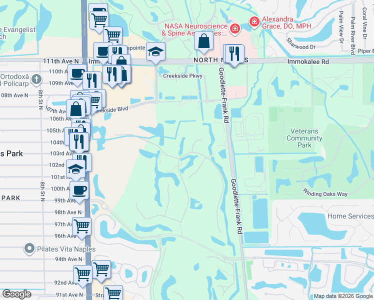 map of restaurants, bars, coffee shops, grocery stores, and more near 9655 Mashie Court in Naples