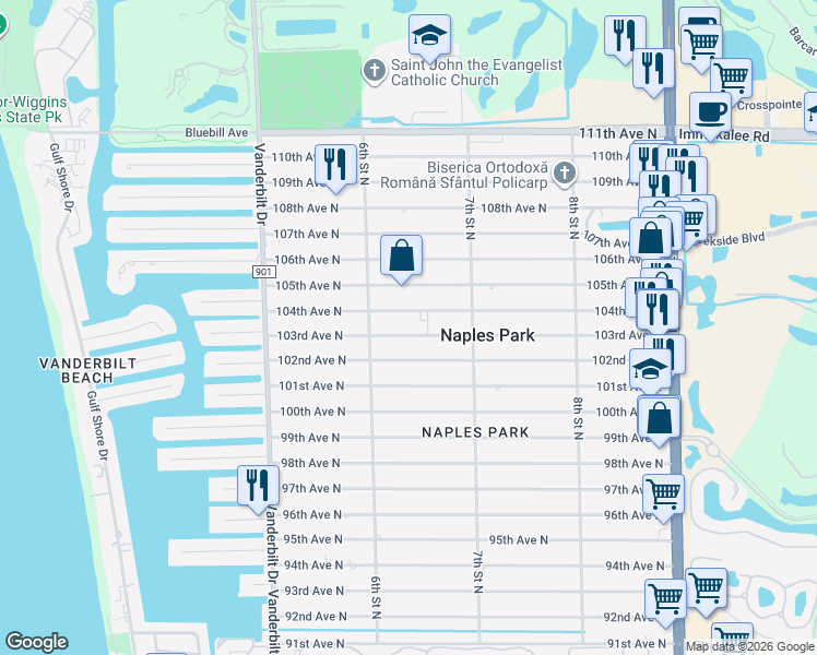 map of restaurants, bars, coffee shops, grocery stores, and more near 650 103rd Avenue North in Naples