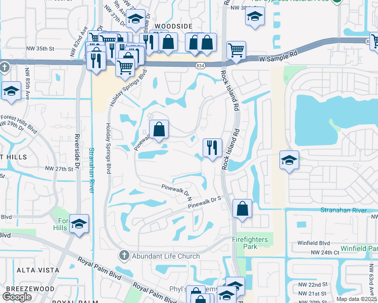 map of restaurants, bars, coffee shops, grocery stores, and more near 3380 Pinewalk Drive North in Margate