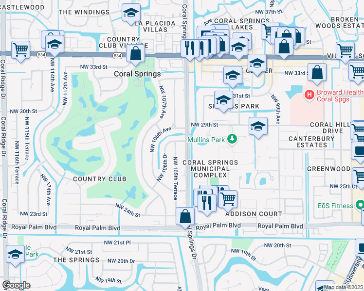 map of restaurants, bars, coffee shops, grocery stores, and more near 2872 Coral Springs Drive in Coral Springs