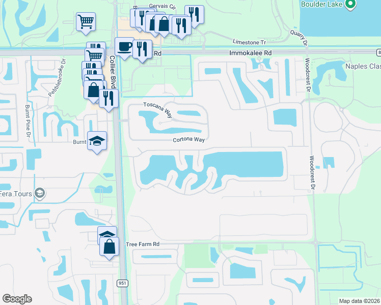 map of restaurants, bars, coffee shops, grocery stores, and more near 2055 Flycatcher Point in Naples