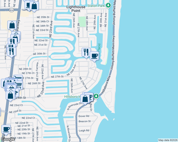 map of restaurants, bars, coffee shops, grocery stores, and more near 18 Northeast 28th Avenue in Lighthouse Point