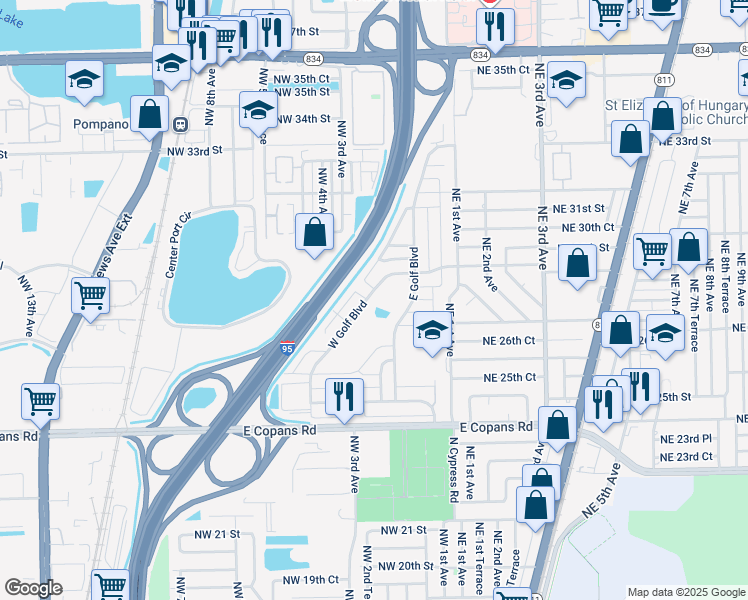 map of restaurants, bars, coffee shops, grocery stores, and more near 231 West Golf Boulevard in Pompano Beach