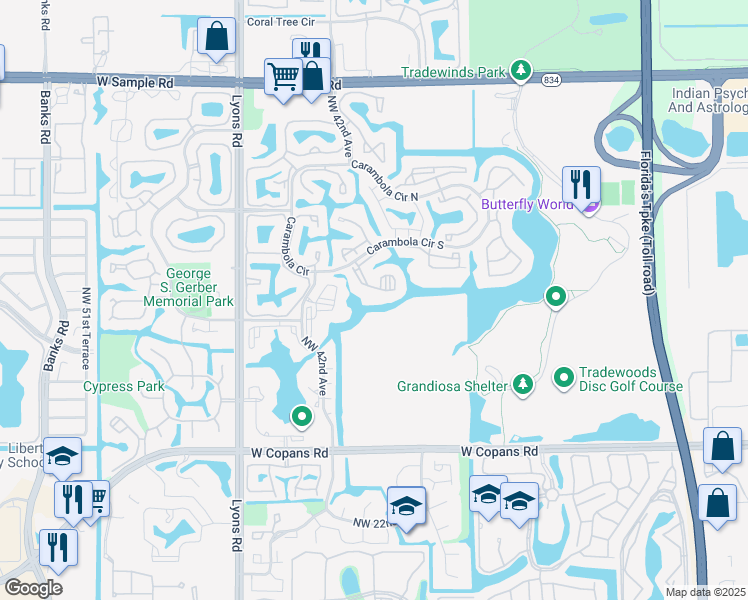 map of restaurants, bars, coffee shops, grocery stores, and more near 4132 Carambola Circle South in Coconut Creek