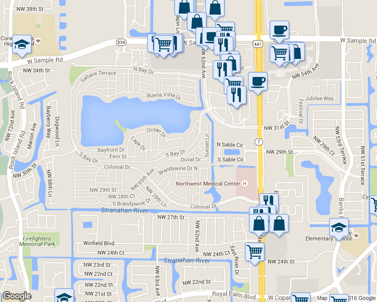 map of restaurants, bars, coffee shops, grocery stores, and more near 6289 Duval Drive in Margate