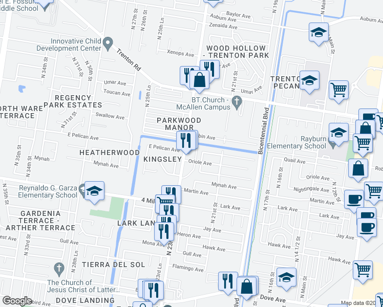 map of restaurants, bars, coffee shops, grocery stores, and more near 6700 North 23rd Street in McAllen